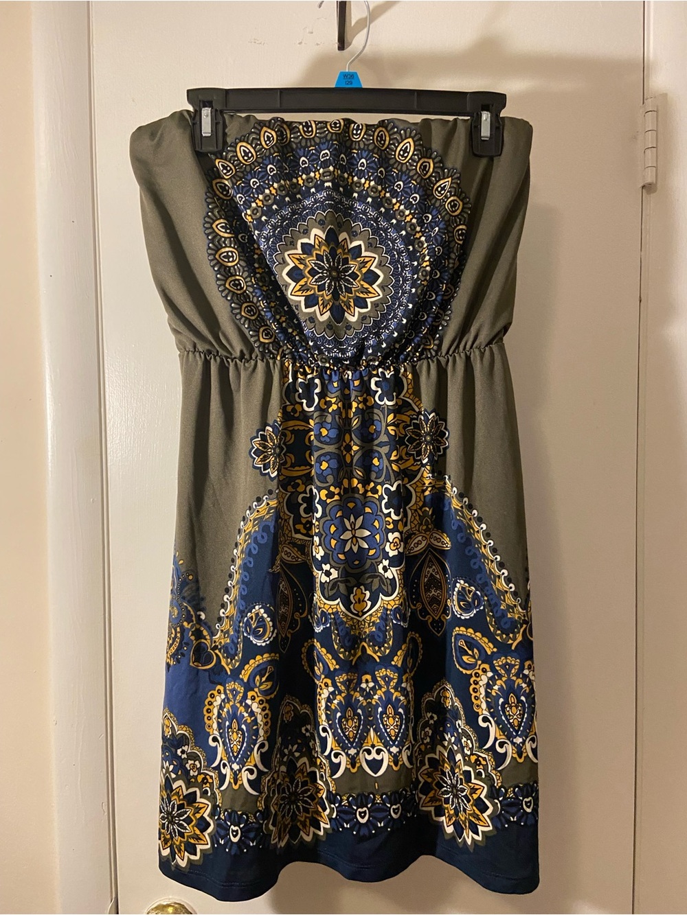 Maurices Olive Strapless Swim Coverup with Navy and Gold Medallion Print